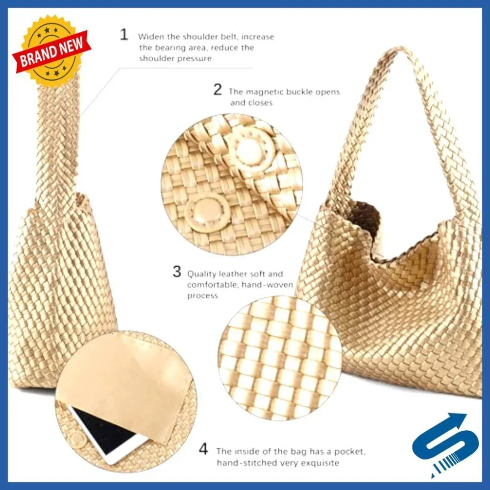 Vegan Leather Woven Tote Bag Large Shoulder Handbag Elegant Minimal Chic
